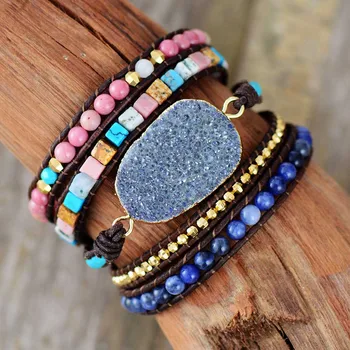 Женские кожаные браслеты с уникальными натуральными камнями, позолоченный Друзи-шарм, 5 Нитей, браслеты ручной работы в стиле бохо, прямая поставка