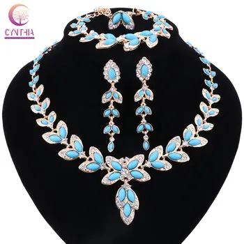 Женское модное ожерелье в стиле бохо, наборы ювелирных изделий из голубого хрусталя с серьгами, золотое, посеребренное ожерелье для свадьбы