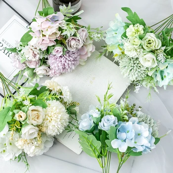 Искусственный цветок Пион, Высококачественный Роскошный букет, Свадебное украшение, Украшение домашнего стола, Небесно-голубая Поддельная Гортензия