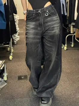 Винтажные Широкие джинсы-карго со средней талией, женские осенние ретро-черные брюки-мешковины, уличная одежда, Свободные джинсовые женские брюки A878