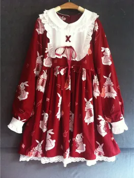 Японское милое платье в стиле Лолиты с рисунком Кролика, Кавайные платья Op Lolita, Красно-Белое Чаепитие, мода в стиле Лолиты