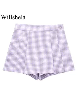 Willshela Женская мода С пуговицами, клетчатые юбки с боковой молнией, Шорты, винтажные женские шикарные шорты с высокой талией